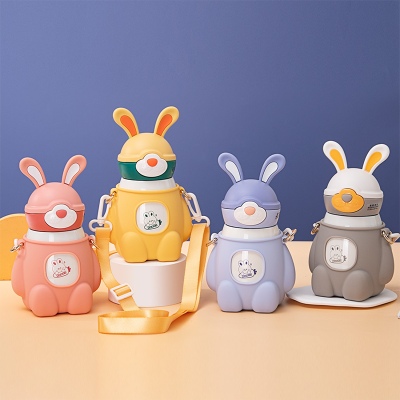 480ML道奇硅胶套大耳朵兔背带保温杯316不锈钢吸管杯