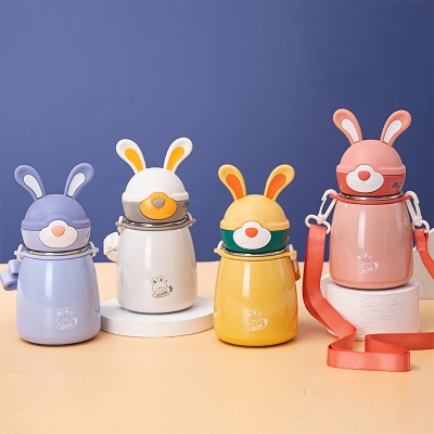 480ML道奇大耳朵兔背带保温杯316不锈钢卡通可爱吸管杯