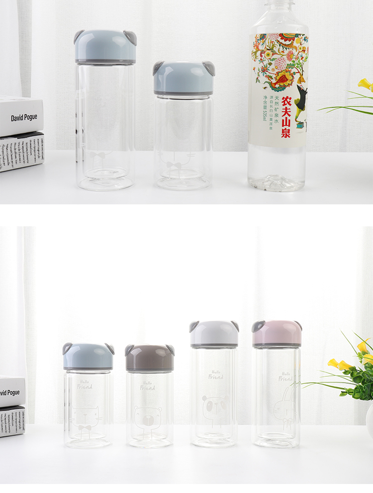 220ML卡通熊猫头好伙伴玻璃杯韩版学生双层随手杯