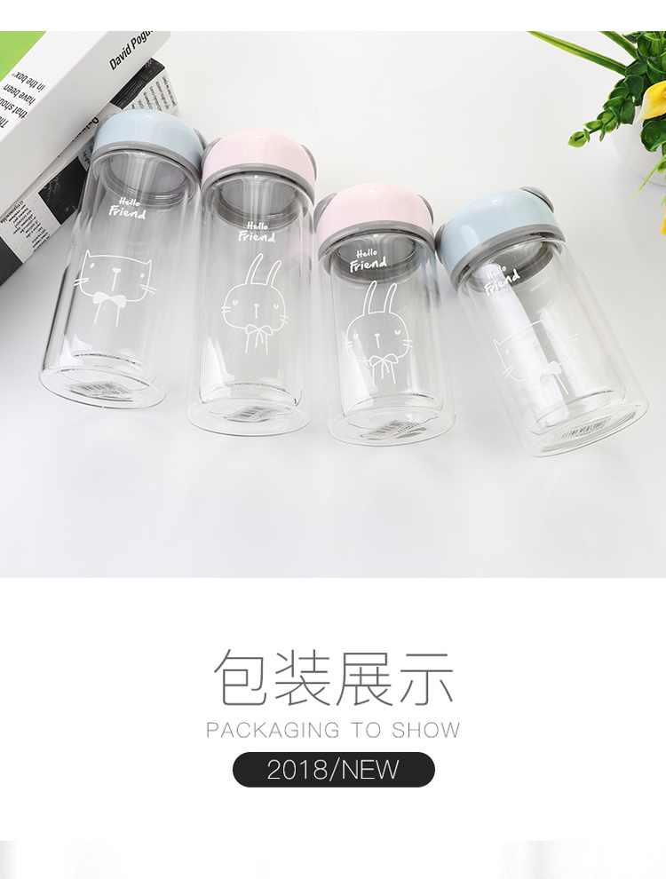 220ML卡通熊猫头好伙伴玻璃杯韩版学生双层随手杯