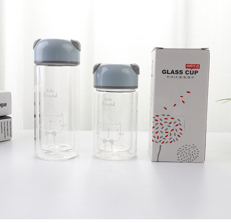 220ML卡通熊猫头好伙伴玻璃杯韩版学生双层随手杯