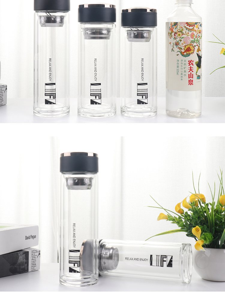 300ML天悦商务双层玻璃杯不锈钢茶漏男士水杯