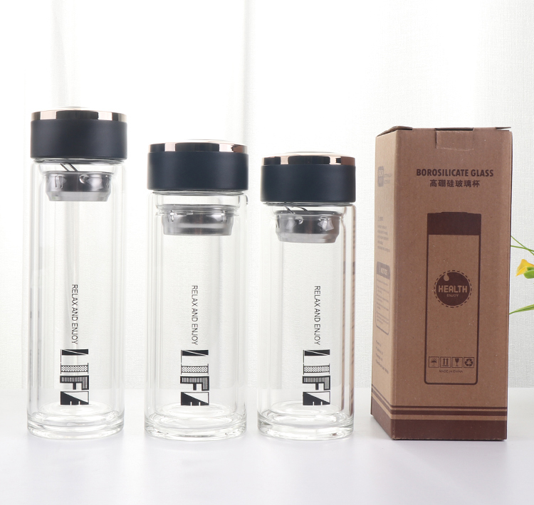 300ML天悦商务双层玻璃杯不锈钢茶漏男士水杯