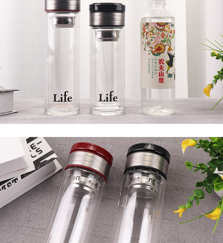 260ML创意欧纹提环商务双层玻璃杯男士泡茶水杯子