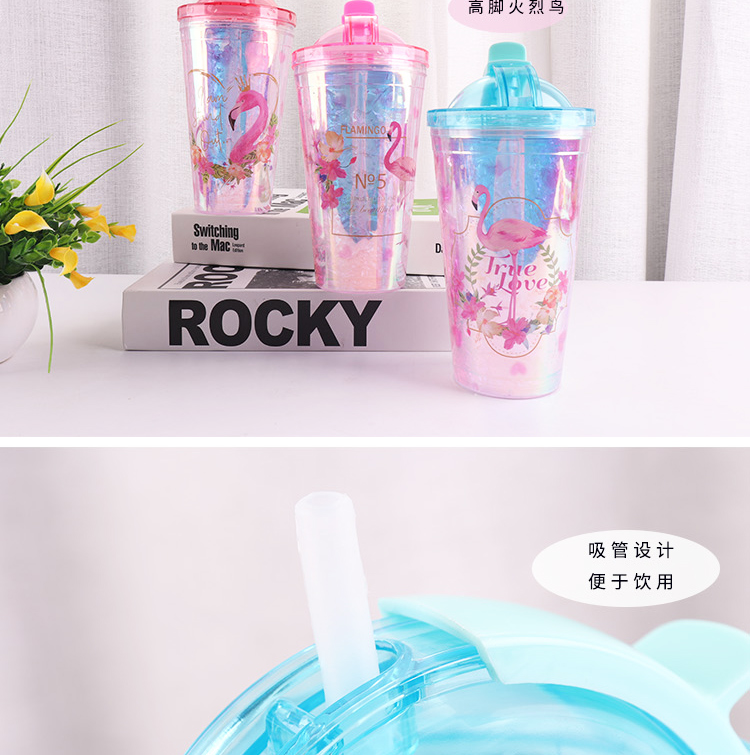 430ML Korean version of the colorful shell cartoon bird slide cover double ice cup summer straw ice cup