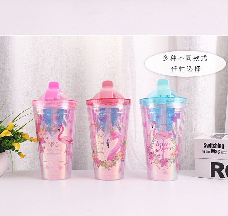 430ML Korean version of the colorful shell cartoon bird slide cover double ice cup summer straw ice cup