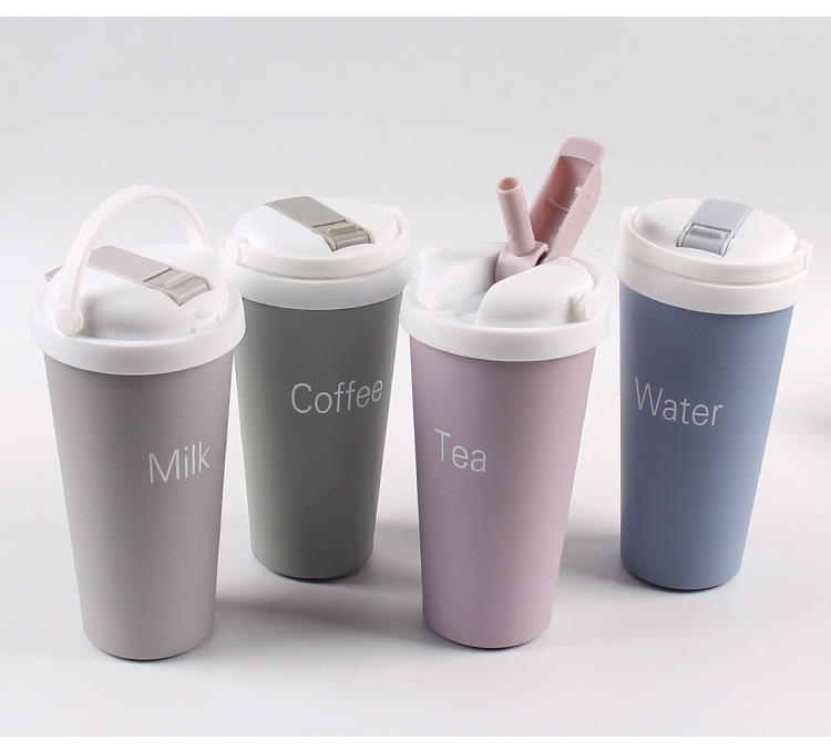 500ML创意吸管咖啡杯304不锈钢便携手提保温杯