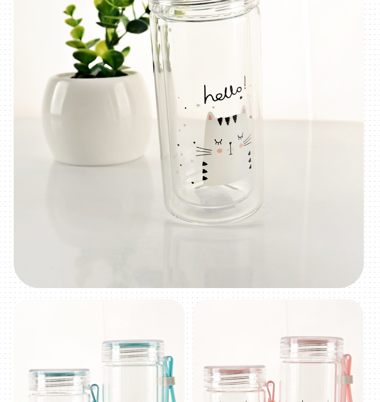 280ML卡通欧彩动物双层玻璃杯学生隔热防烫喝水杯子