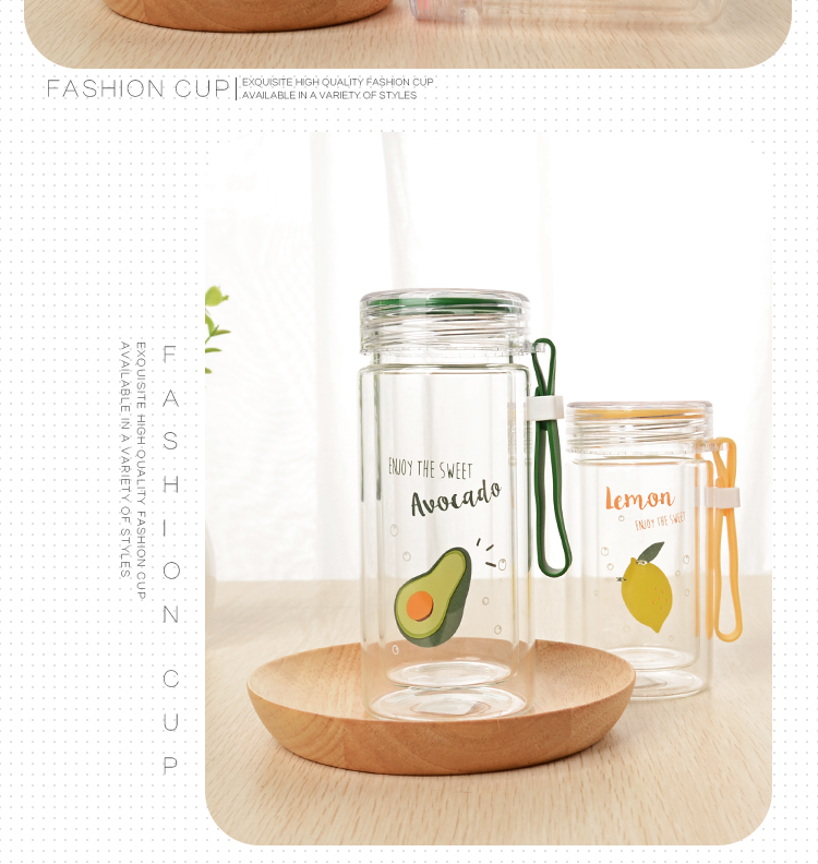 220ML欧彩水果双层玻璃杯学生韩版小清新防烫随手杯