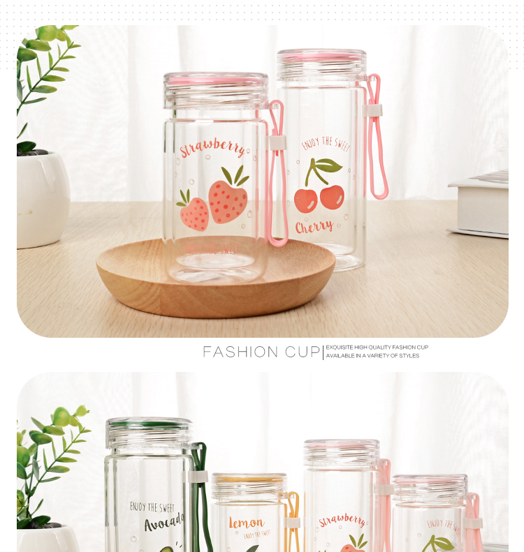 220ML欧彩水果双层玻璃杯学生韩版小清新防烫随手杯