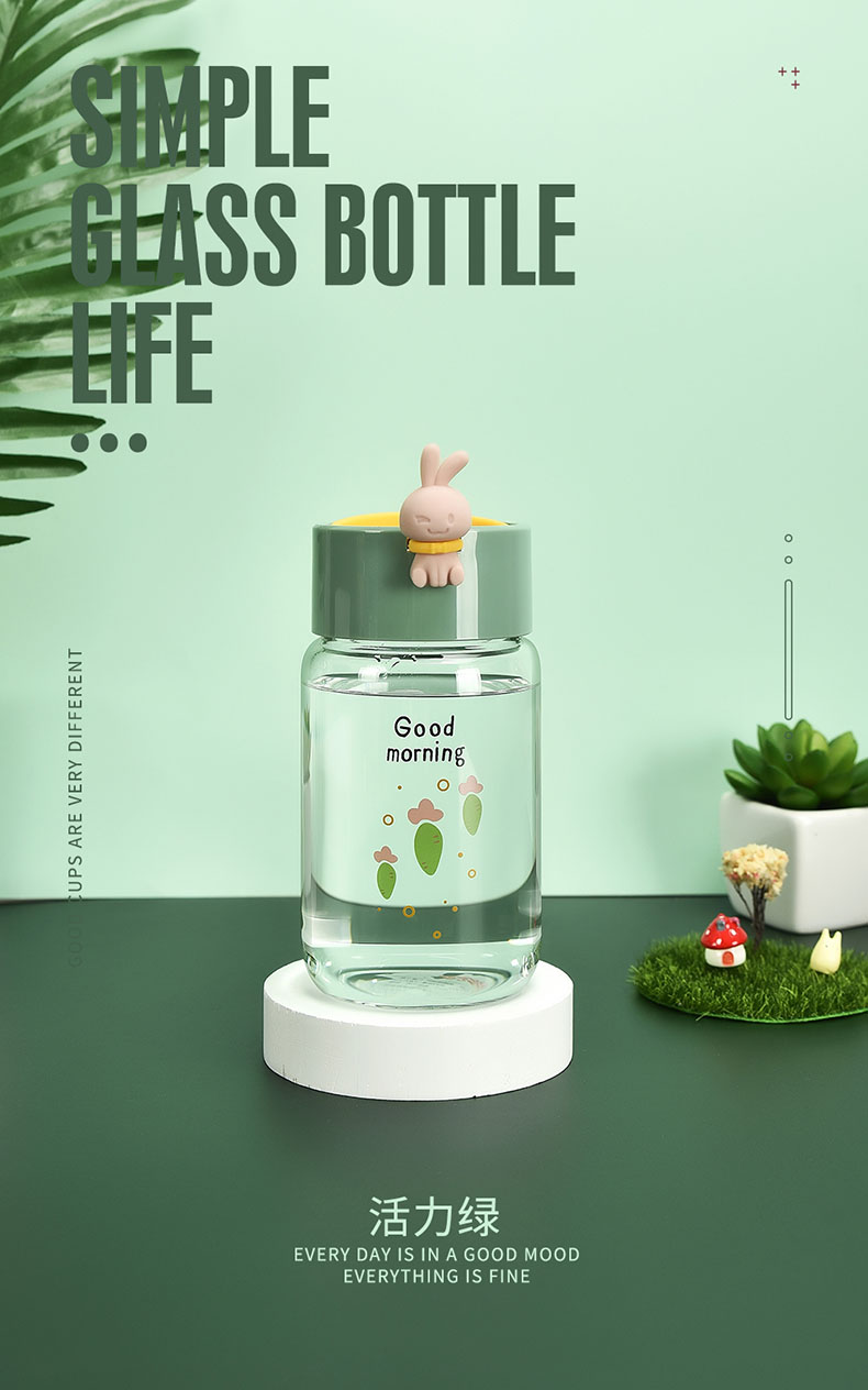 340ML可爱小兔尚萌玻璃杯个性便携水杯学生情侣杯子