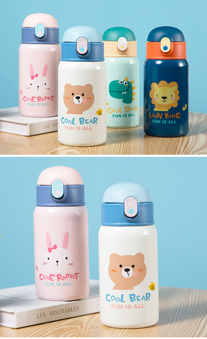 400ml卡通mini单盖儿童壶304不锈钢宝宝吸管水杯