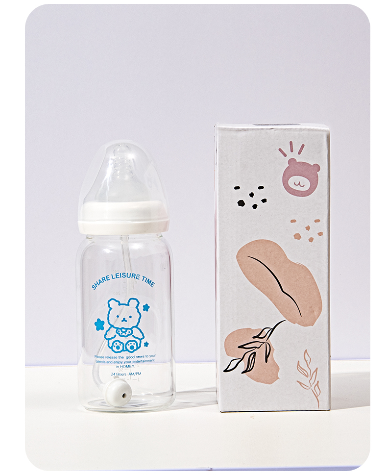 330ML淘气熊奶瓶玻璃杯创意吸管杯学生情侣便携杯子