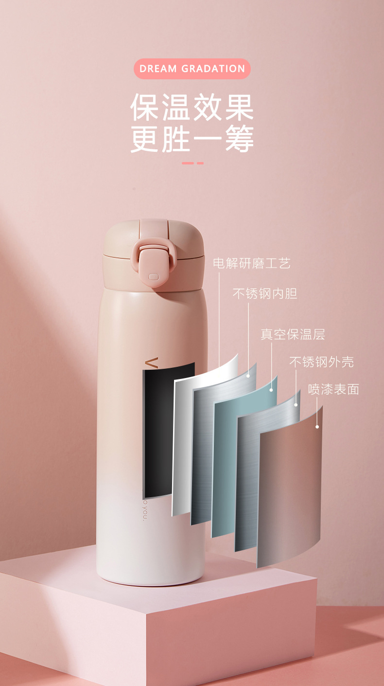 520ML韩版个性清新渐变时尚弹盖保温杯学生水杯子
