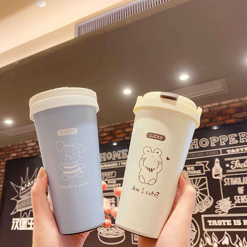 500ML线条吸管咖啡杯便携双层304不锈钢卡通保温杯