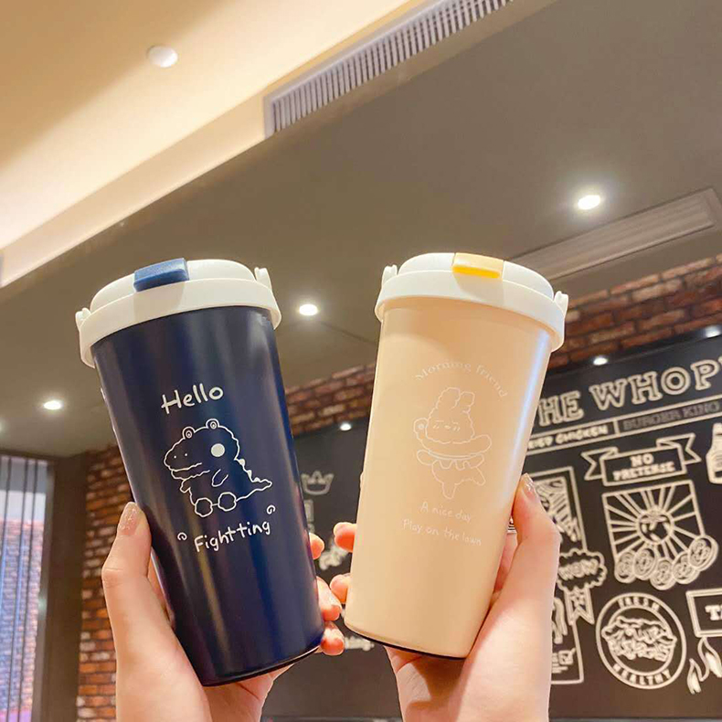 500ML线条吸管咖啡杯便携双层304不锈钢卡通保温杯