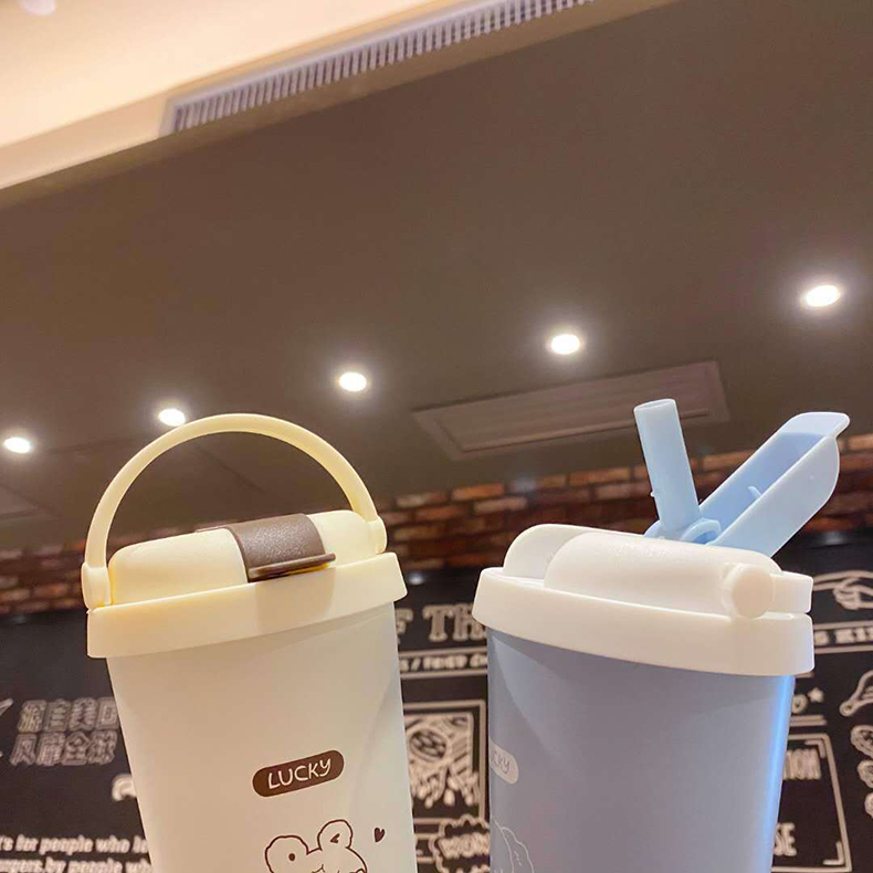 500ML线条吸管咖啡杯便携双层304不锈钢卡通保温杯