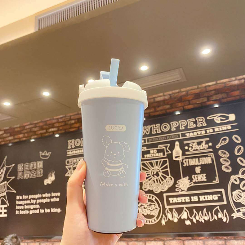 500ML线条吸管咖啡杯便携双层304不锈钢卡通保温杯