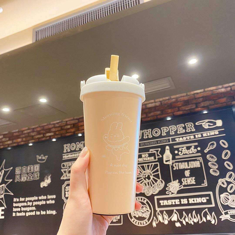 500ML线条吸管咖啡杯便携双层304不锈钢卡通保温杯
