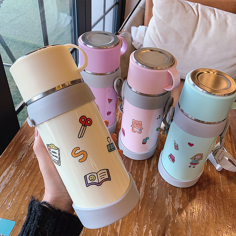 600ML大容量多功能背带水壶可爱斜跨少女心保温杯