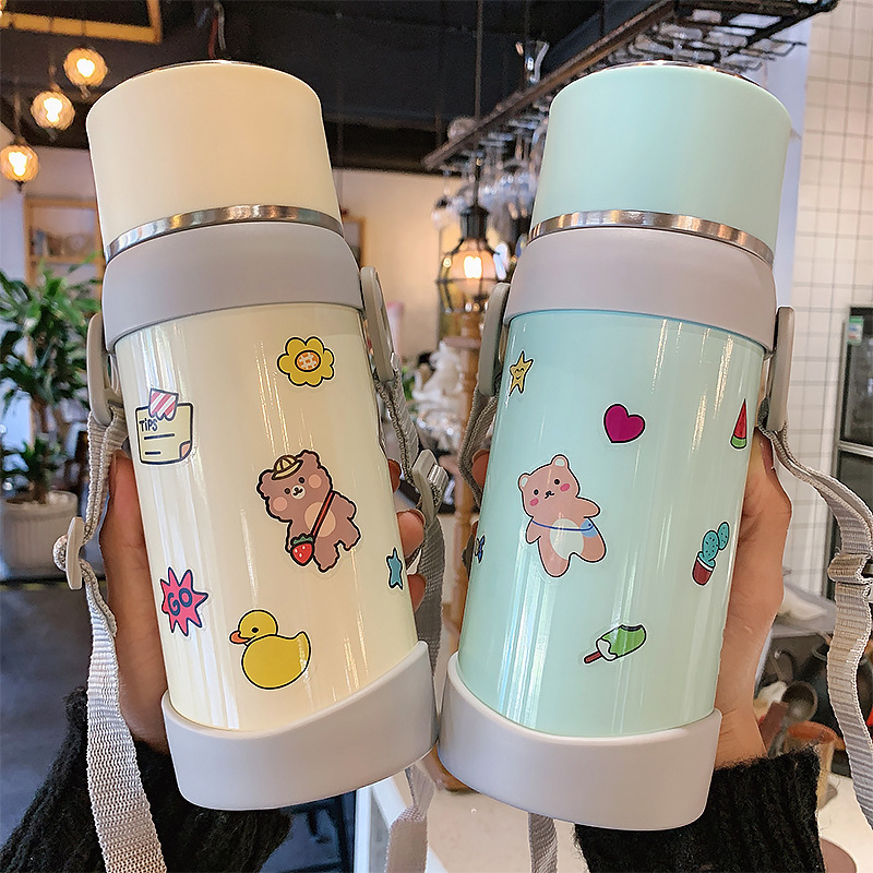 600ML大容量多功能背带水壶可爱斜跨少女心保温杯