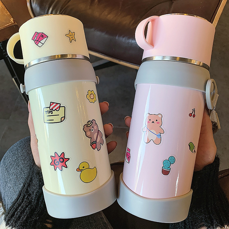 600ML大容量多功能背带水壶可爱斜跨少女心保温杯