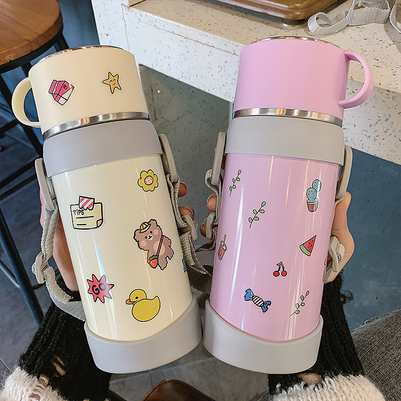 600ML大容量多功能背带水壶可爱斜跨少女心保温杯