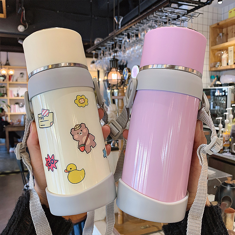 600ML大容量多功能背带水壶可爱斜跨少女心保温杯