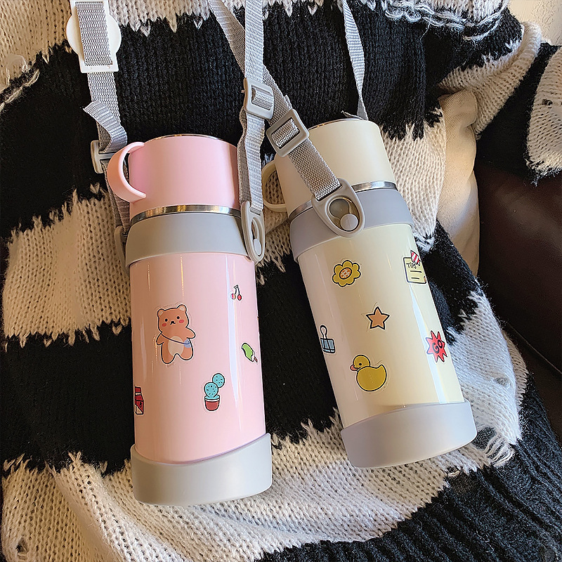 600ML大容量多功能背带水壶可爱斜跨少女心保温杯