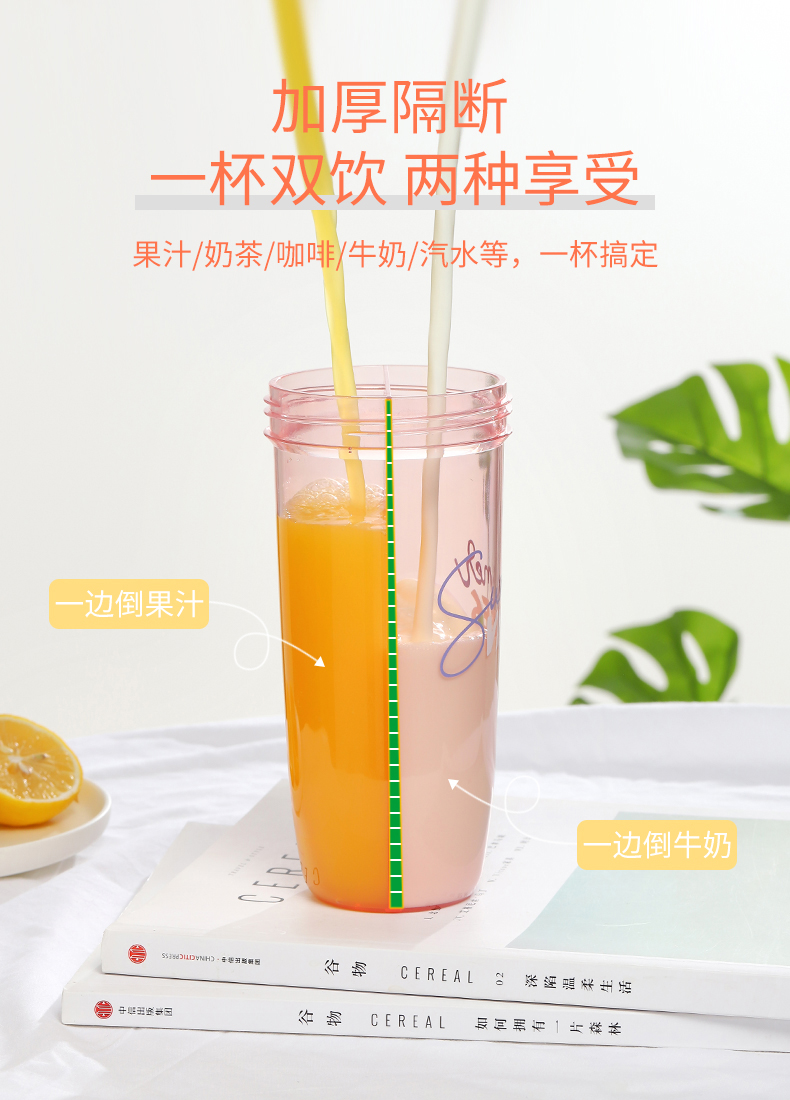 600ML英文暮色双饮吸管杯便携提手户外运动健身塑料杯