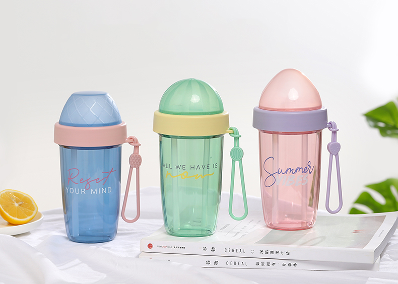 480ML英文暮色双饮吸管杯便携提手户外运动健身塑料杯