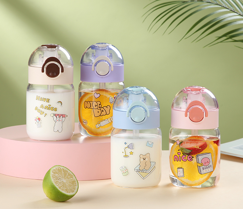 380ML日系卡通淘你玻璃杯简约小清新ins风弹盖吸管水杯