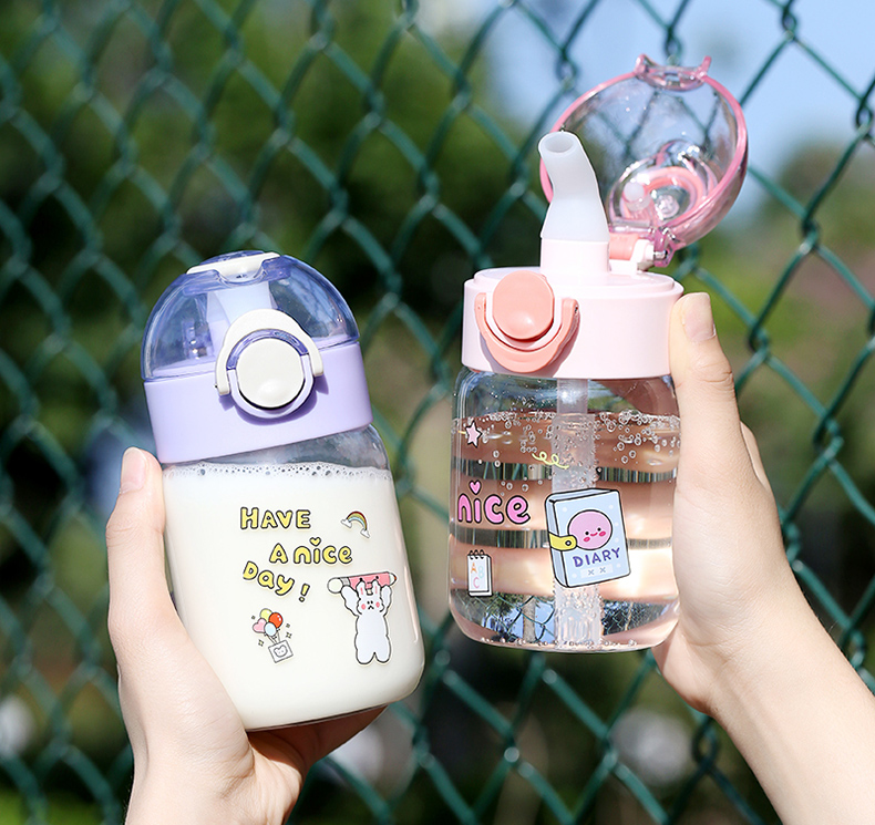 380ML日系卡通淘你玻璃杯简约小清新ins风弹盖吸管水杯