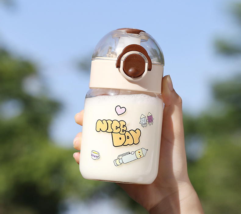380ML日系卡通淘你玻璃杯简约小清新ins风弹盖吸管水杯