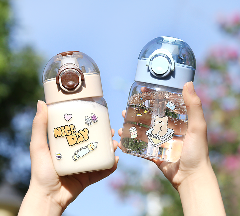 380ML日系卡通淘你玻璃杯简约小清新ins风弹盖吸管水杯