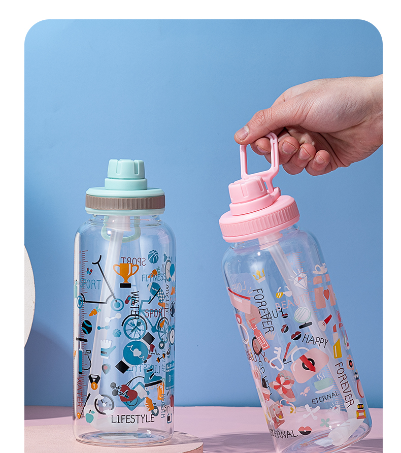 1000ML太空盖满花玻璃杯简约清新学生大容量吸管杯