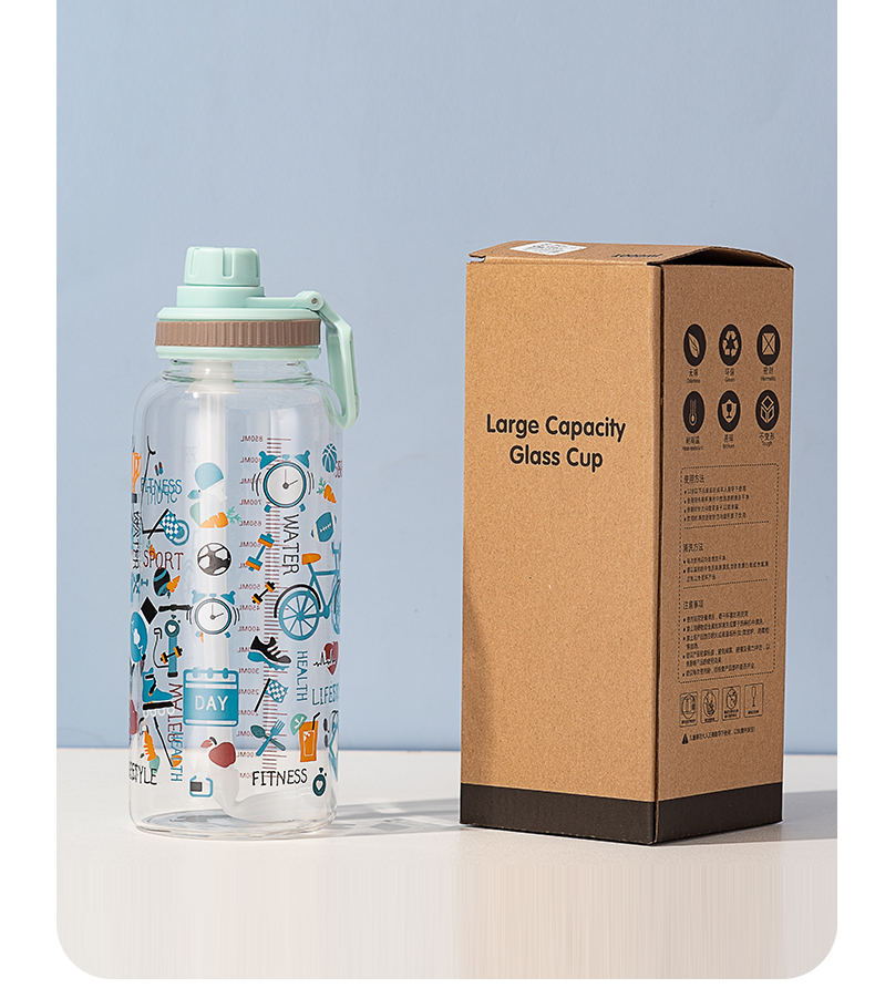 1000ML太空盖满花玻璃杯简约清新学生大容量吸管杯