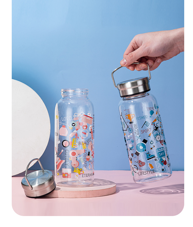 1000ML创意钢盖满花玻璃杯简约清新大容量便携随手杯