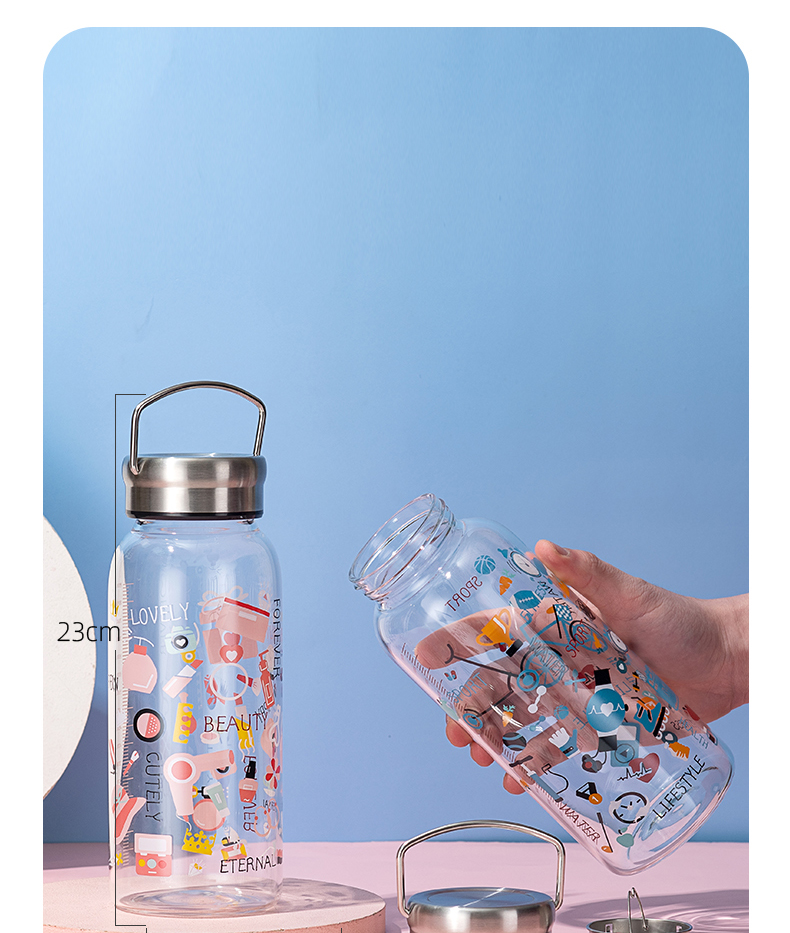 1000ML创意钢盖满花玻璃杯简约清新大容量便携随手杯