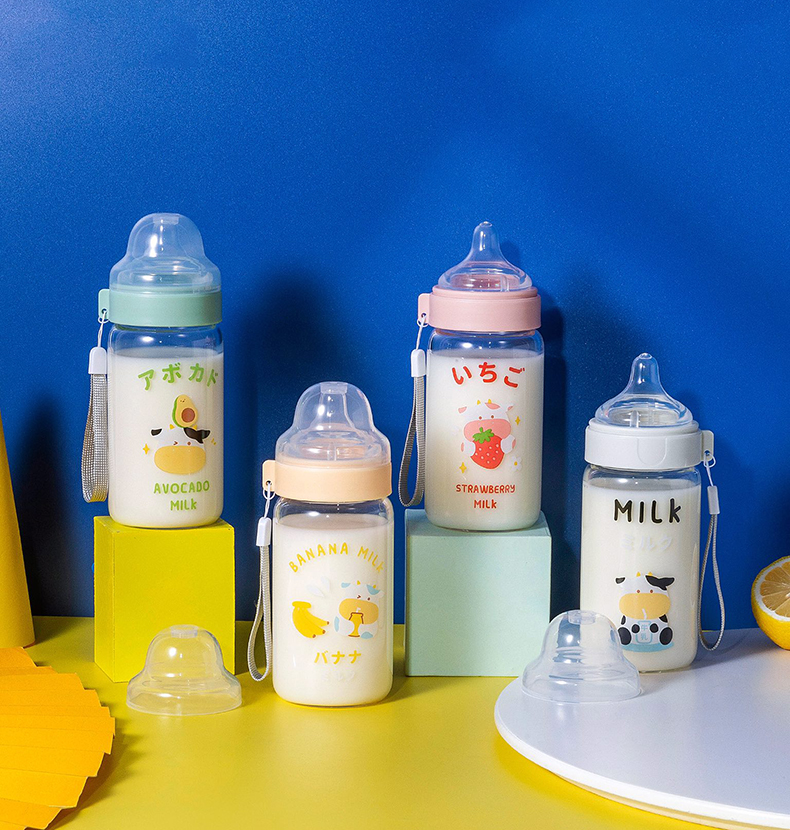 310ML果味牛牛奶瓶玻璃杯创意吸管杯便携提手水杯