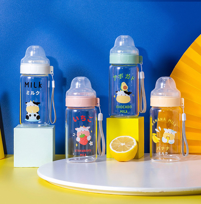 310ML果味牛牛奶瓶玻璃杯创意吸管杯便携提手水杯