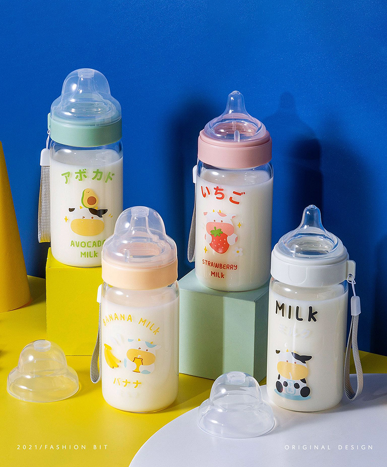 310ML果味牛牛奶瓶玻璃杯创意吸管杯便携提手水杯