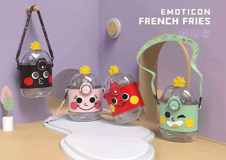 390ML表情系列薯条塑料杯可爱少女心便携背带吸管杯