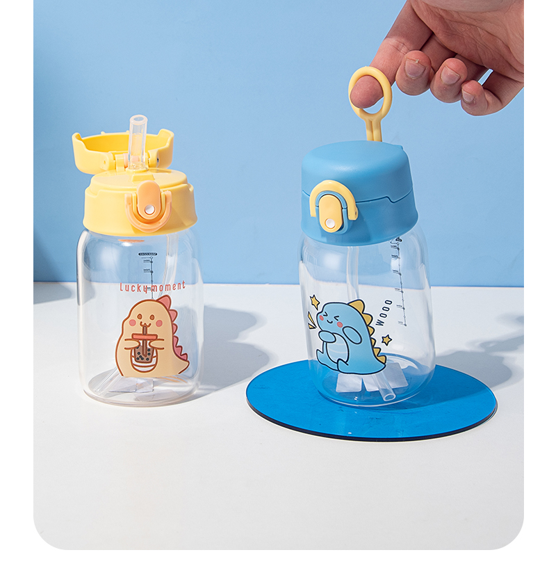 350mlQ萌恐龙透明吸嘴玻璃杯学生小清新可爱便携水杯