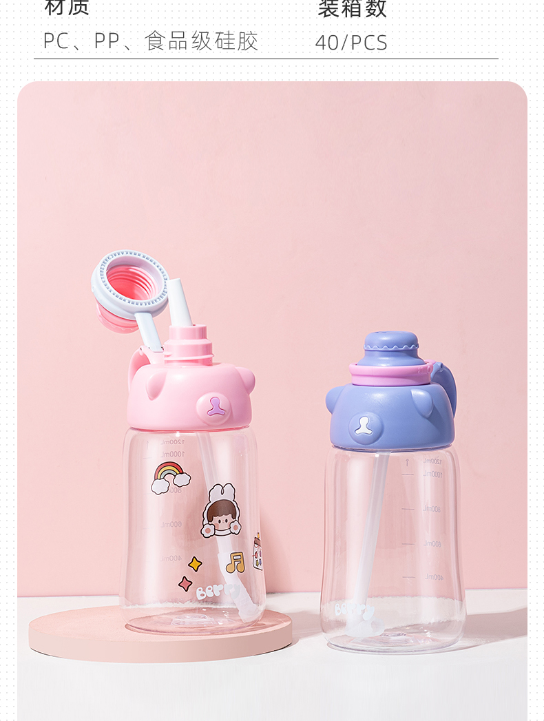 1200ml透明干饭熊大容量可爱便携学生吸管水杯OPP袋装