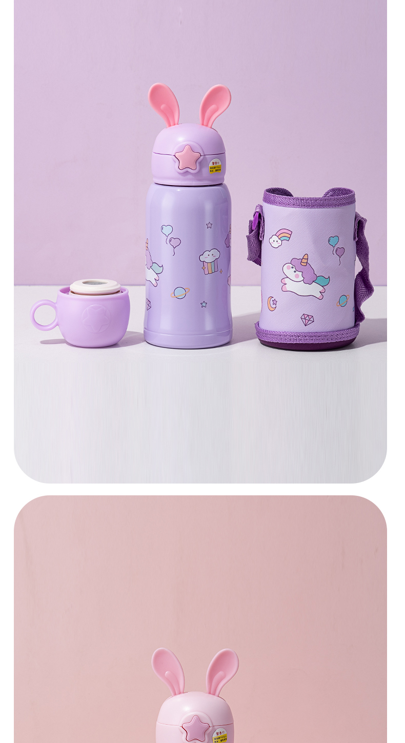 500ml小萌兔兔耳儿童保温杯304不锈钢一杯两盖吸管水壶