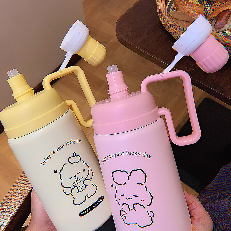 880ML幸运动物畅饮保温壶卡通可爱大容量吸管保温杯