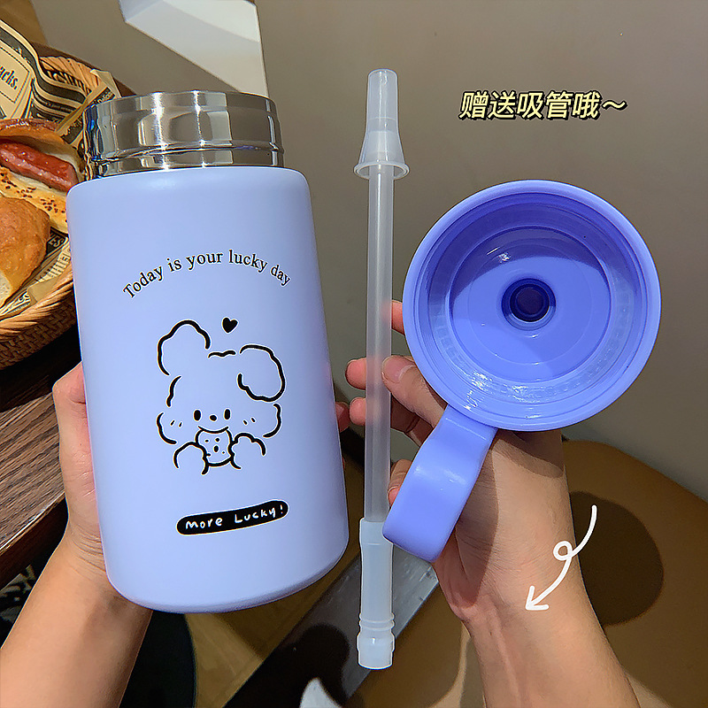880ML幸运动物畅饮保温壶卡通可爱大容量吸管保温杯