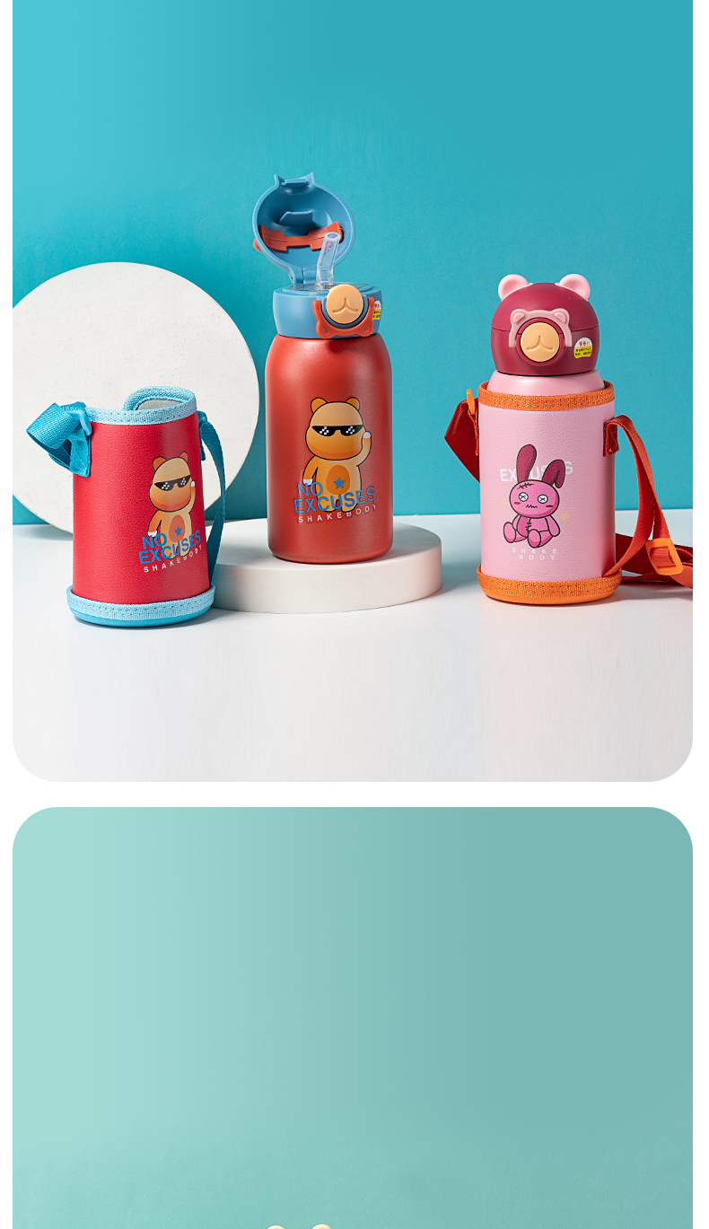 600ML卡通316不锈钢趣味儿童保温杯一杯两盖吸管杯