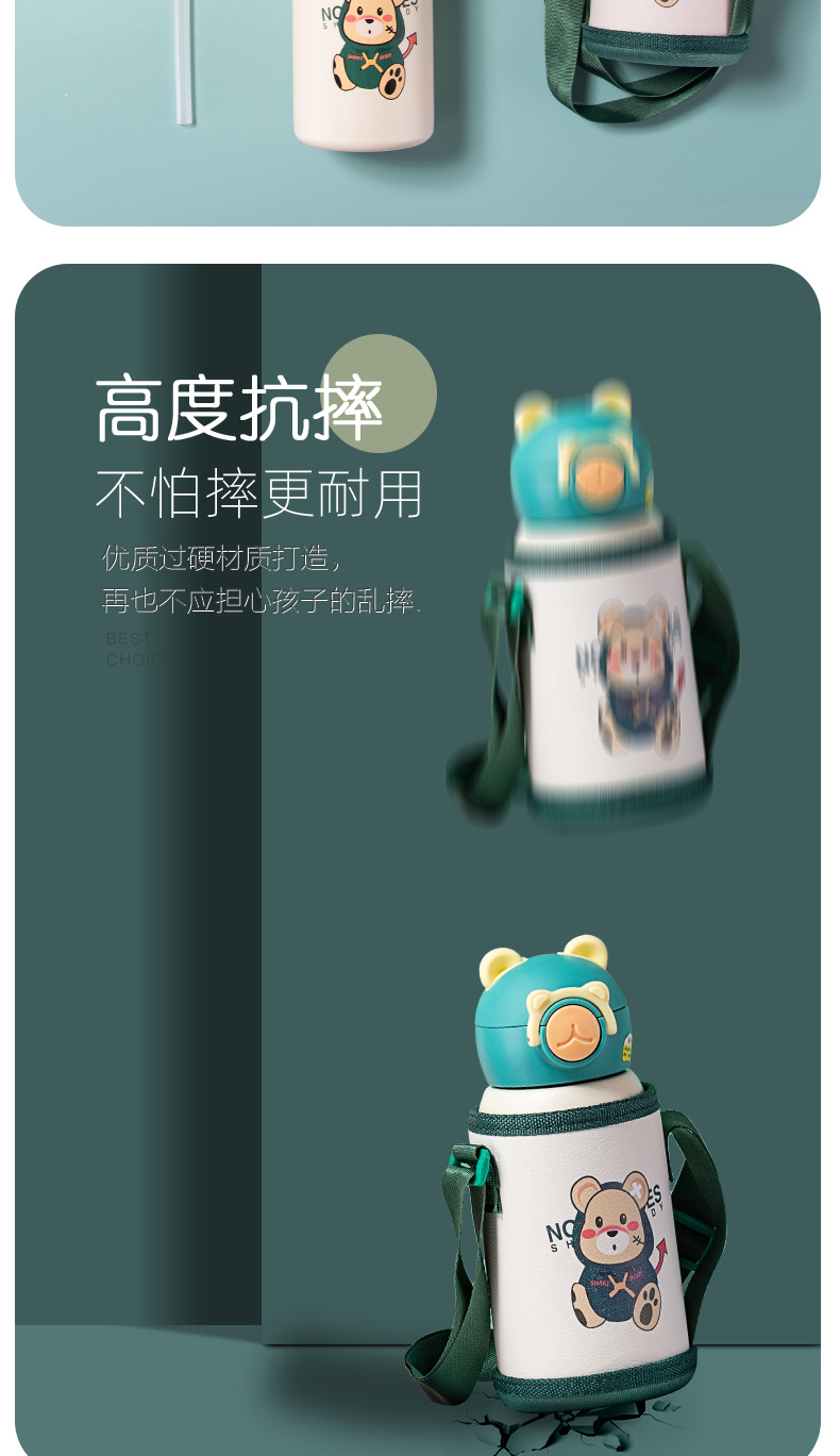 600ML卡通316不锈钢趣味儿童保温杯一杯两盖吸管杯
